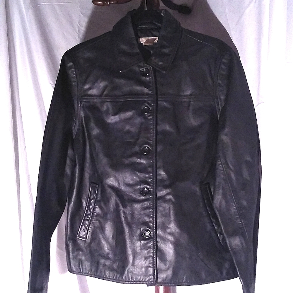 Large JC crew black leather coat